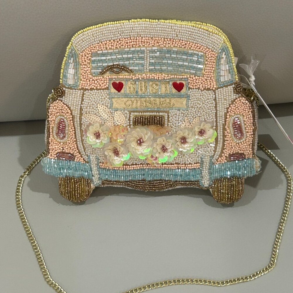 Handcrafted in India Just Married Bride Car Beaded Sequin Crossbody Bag NWT